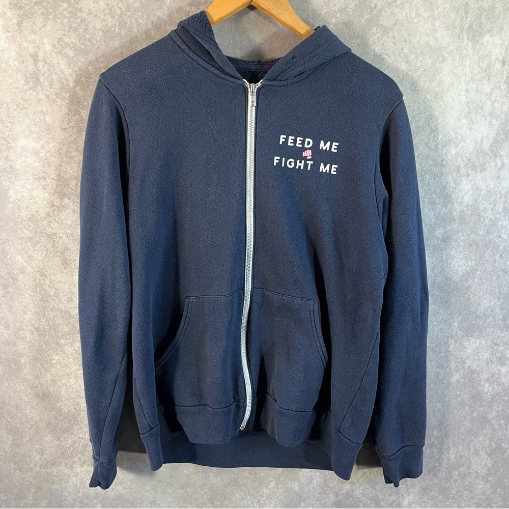 Feed Me Fight Me Hoodie Women Medium Blue Zip Sweatshirt Logo Hungry *See Desc*‎